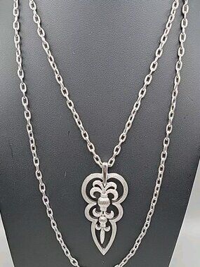 Crown Trifari Fleur-de-lis Pendant Necklace Double 22" Silver Tone Chain